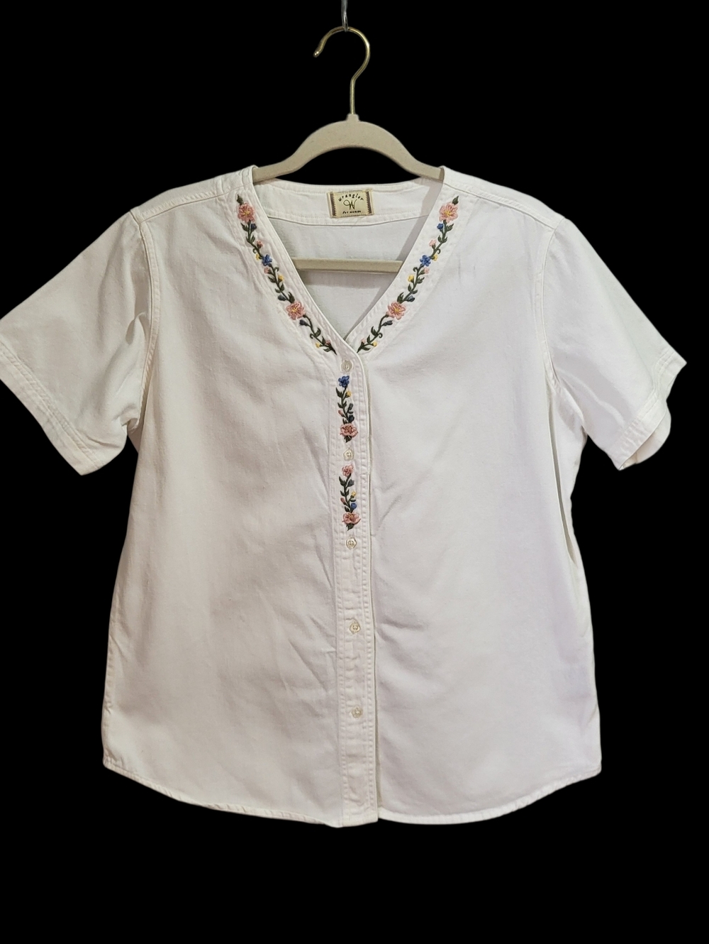 Vtg Wrangler for Women Shirt Blouse Sz L? Ivory Button Front V-Neck Embroidered